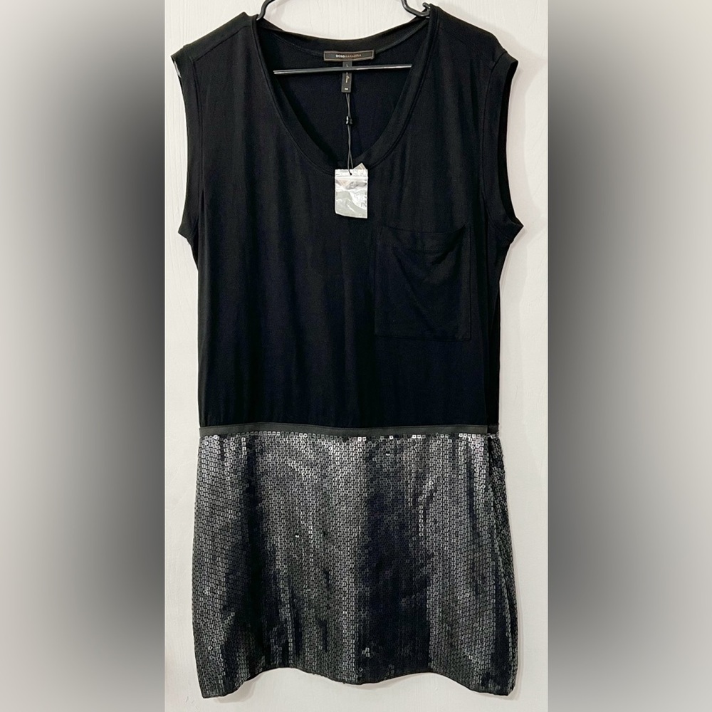 BCBGMaxazria Black Sequin T Shirt Dress Tee Size 8 Y2K